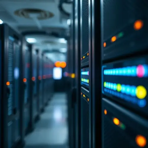 A detailed view of blinking server lights within a contemporary data center, showcasing hardware infrastructure.