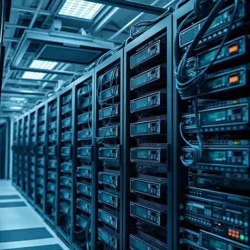 Rows of black server racks filled with electronic equipment in a clean, brightly lit data center.