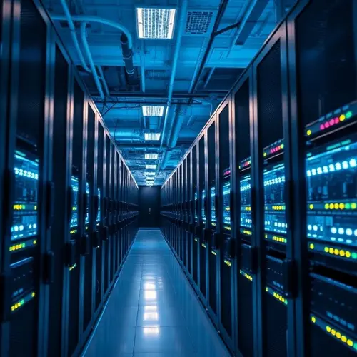 A clean shot of server racks inside a data center with blue ambient lighting.