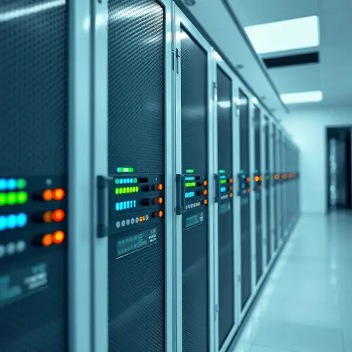 A row of black server racks with small lights indicating activity in a modern, well-lit data center.