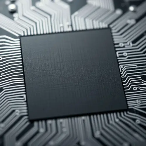 Close-up of a silicon wafer's etched surface, revealing microscopic circuits.