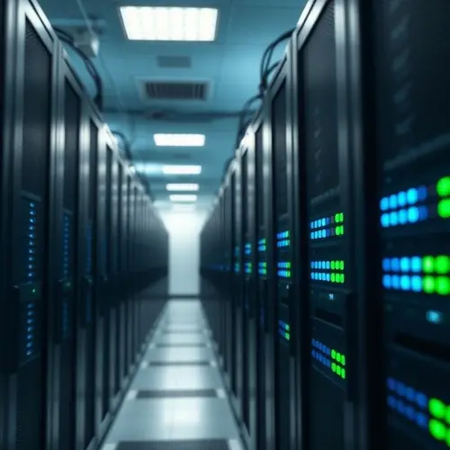 View of multiple server racks in a data center, indicating enterprise computing or cloud infrastructure.