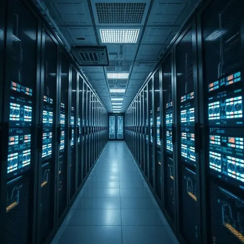 Server racks in a data center, representing technological infrastructure and data storage.