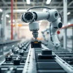 Robotic arm on an assembly line in a modern factory, symbolizing industrial automation and precision.