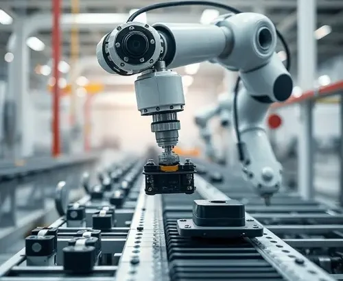 Robotic arm on an assembly line in a modern factory, symbolizing industrial automation and precision.