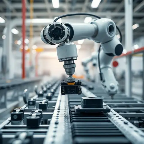 Robotic arm on an assembly line in a modern factory, symbolizing industrial automation and precision.