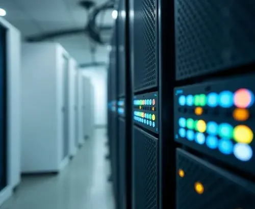 A close-up view of a modern server rack with operational LED indicators inside a data center.
