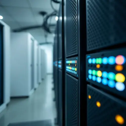 A close-up view of a modern server rack with operational LED indicators inside a data center.