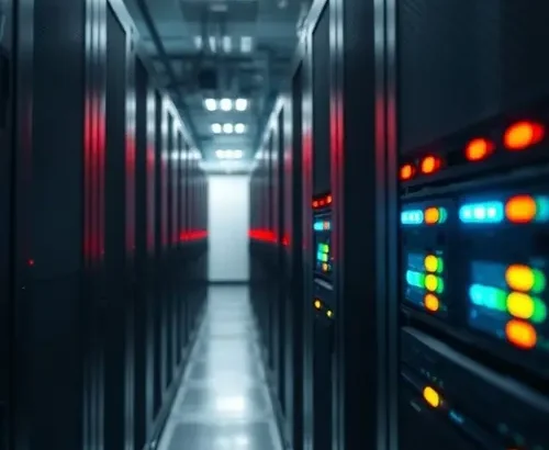 Image showing server racks with blinking lights in a data center.