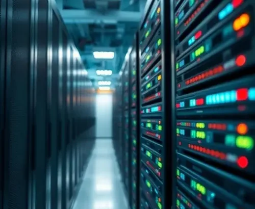 A close-up, high-detail view of server blades and indicator lights within a modern data center.