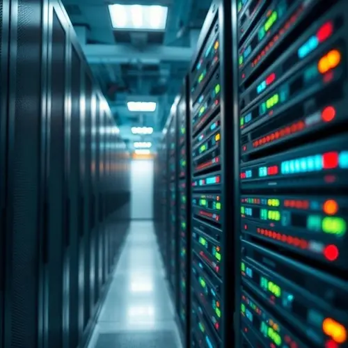 A close-up, high-detail view of server blades and indicator lights within a modern data center.