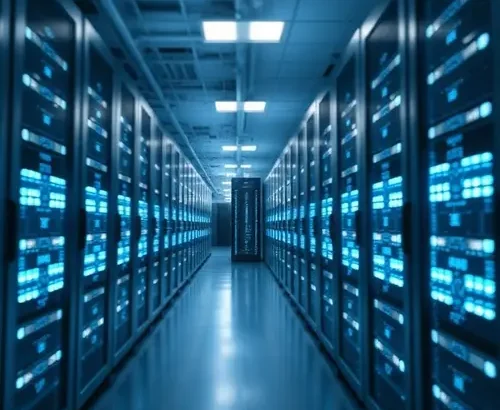 A well-maintained aisle in a modern data center with rows of server racks under cool lighting.