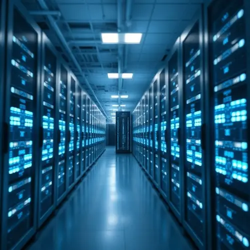 A well-maintained aisle in a modern data center with rows of server racks under cool lighting.
