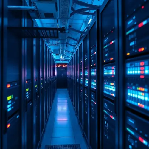 Rows of servers with indicator lights in a contemporary data center environment.