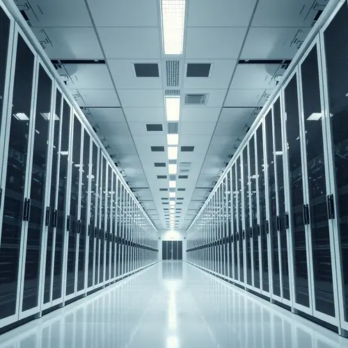 Rows of server racks in a modern data center, symbolizing digital infrastructure and technology.
