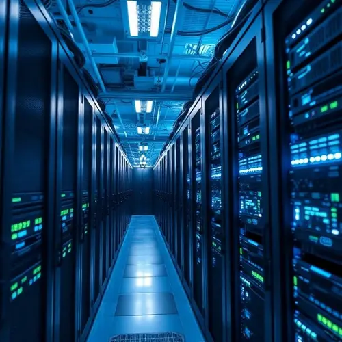 Close-up view of densely packed server racks within a professional data center, showing blinking lights and cables.
