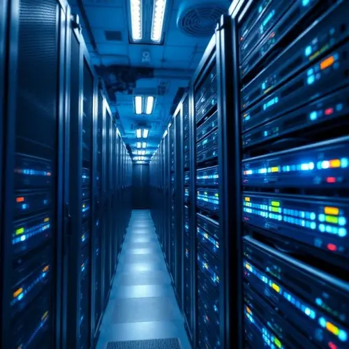 Rows of modern server racks with blinking lights inside a data center facility.