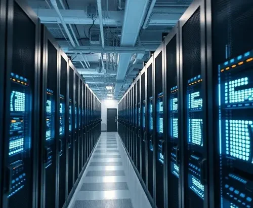 Image showing rows of servers inside a modern data center with glowing lights and cooling infrastructure.