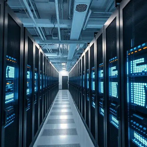 Image showing rows of servers inside a modern data center with glowing lights and cooling infrastructure.