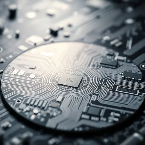 Close-up image of a silicon wafer with integrated circuits, highlighting the intricate patterns.