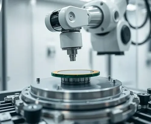A robotic arm handles a silicon wafer in a cleanroom, depicting semiconductor manufacturing.