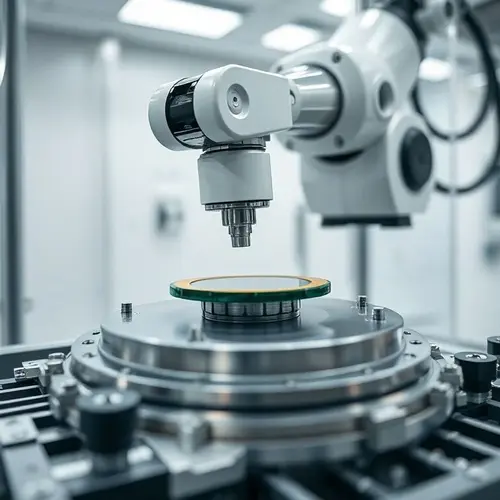 A robotic arm handles a silicon wafer in a cleanroom, depicting semiconductor manufacturing.
