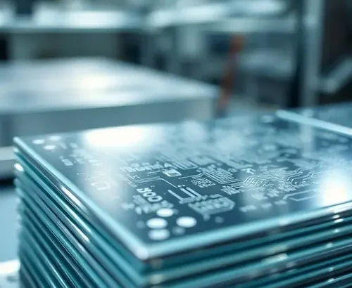 Close-up view of multiple silicon semiconductor wafers with visible micro-circuitry in a manufacturing clean room setting.