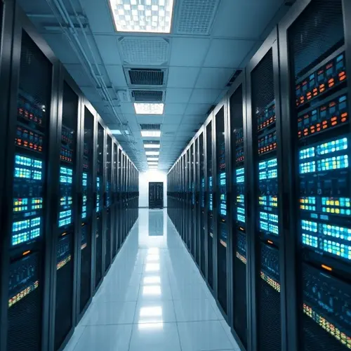 Rows of server racks in a brightly lit, modern data center, showcasing advanced computing infrastructure.