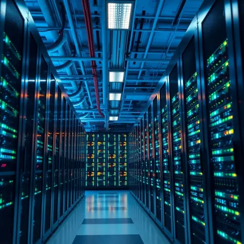 Rows of modern server racks in a data center, illustrating advanced computing infrastructure.