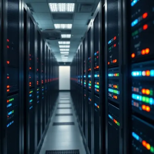 Image showing rows of server racks and blinking lights inside a modern data center.