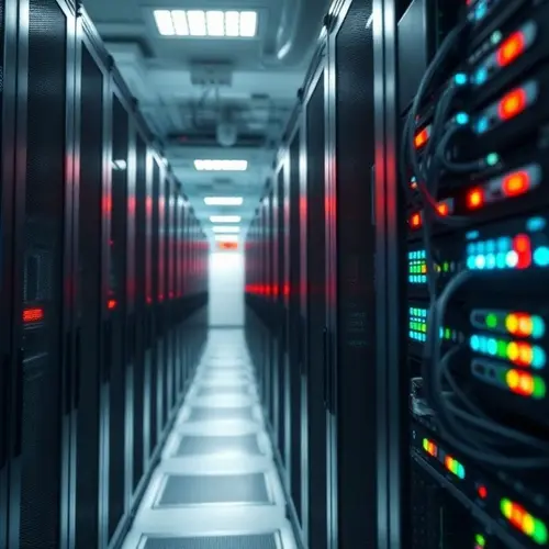 Rows of advanced server racks in a large data center, showcasing the physical foundation of digital technology.