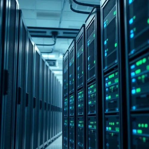 Image of rows of server racks in a data center, representing technological infrastructure.