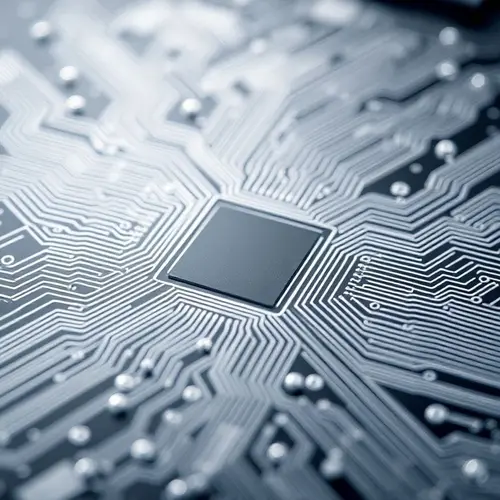 A close-up view of a silicon semiconductor wafer showing microchip circuits.