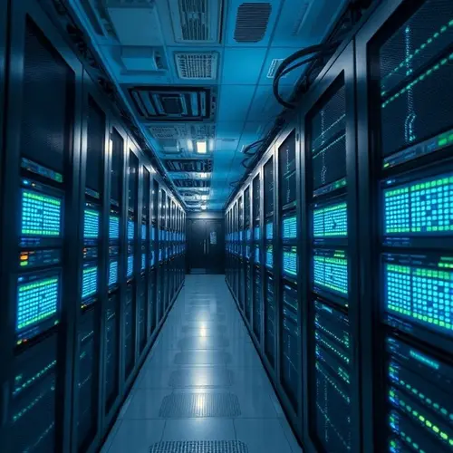 Rows of servers with glowing indicator lights in a modern data center.