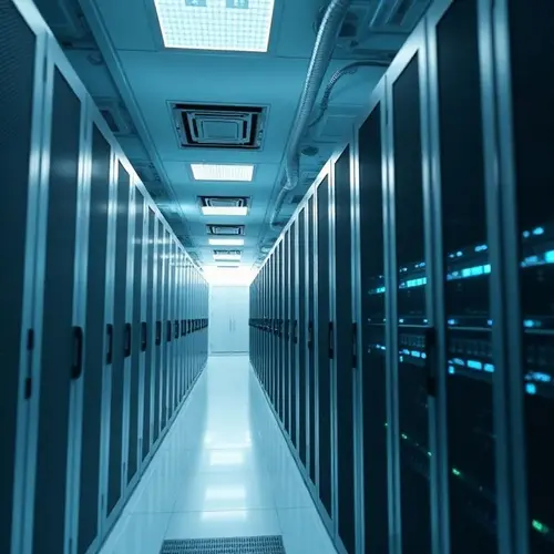 An interior view of a modern data center with rows of server racks.