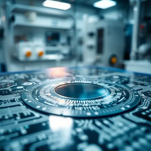 Close-up of a silicon wafer with intricate circuit patterns, representing semiconductor technology.