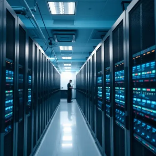 A large, brightly lit server room with long rows of black and silver server racks, indicating a modern data center.
