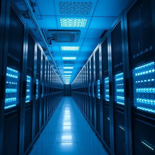 Rows of server racks in a modern data center with cool blue lighting, illustrating digital infrastructure.