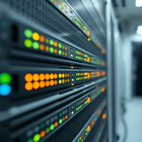 A server rack with indicator lights in a contemporary data center.