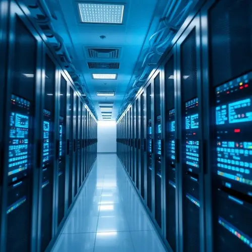 Rows of servers in a modern data center, depicting technological infrastructure.