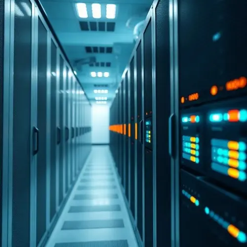 Image showing a detailed view of high-density server racks with indicator lights in a modern data center aisle.