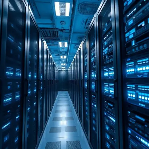 Rows of modern server racks in a versatile, climate-controlled data center environment, showcasing computing infrastructure.
