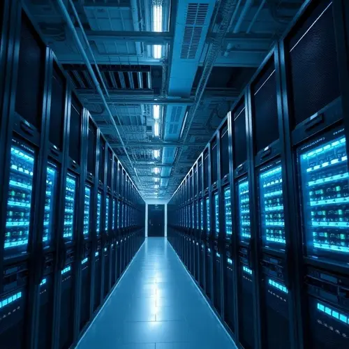 Rows of server racks in a modern data center.