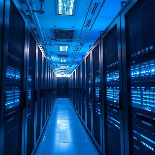 A clean, modern data center with rows of server racks and blue ambient lighting.