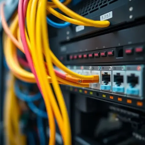 An extreme close-up editorial photograph of colorful network cables plugged into a server rack's rear panel.