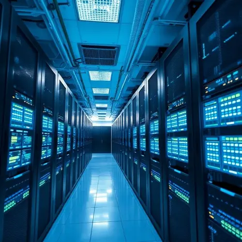 Rows of server racks in a modern data center with blue lighting.