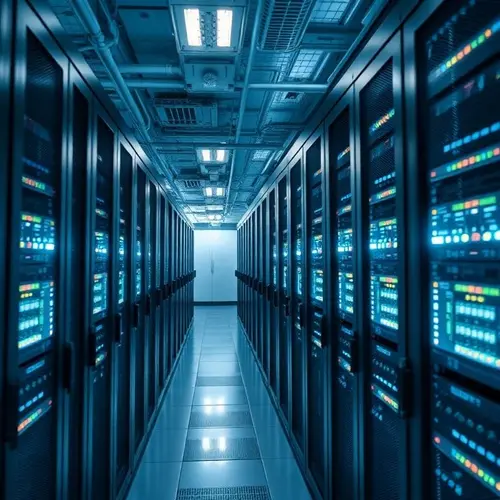 Interior view of a state-of-the-art data center with server racks and infrastructure components.