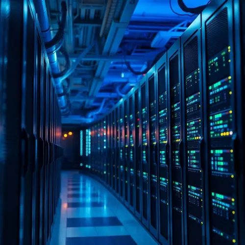 Interior view of a modern data center with rows of active server racks and blue lighting