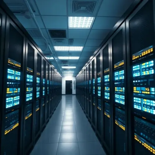 Rows of computer servers in a modern data center.
