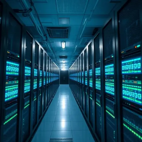 Rows of server racks with blue and green lights in a modern data center, showcasing large-scale computing infrastructure.